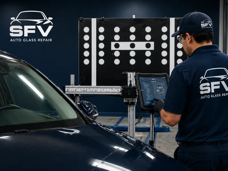 Auto Glass of OC technician running an ADAS calibration with a diagnostic tablet and target board