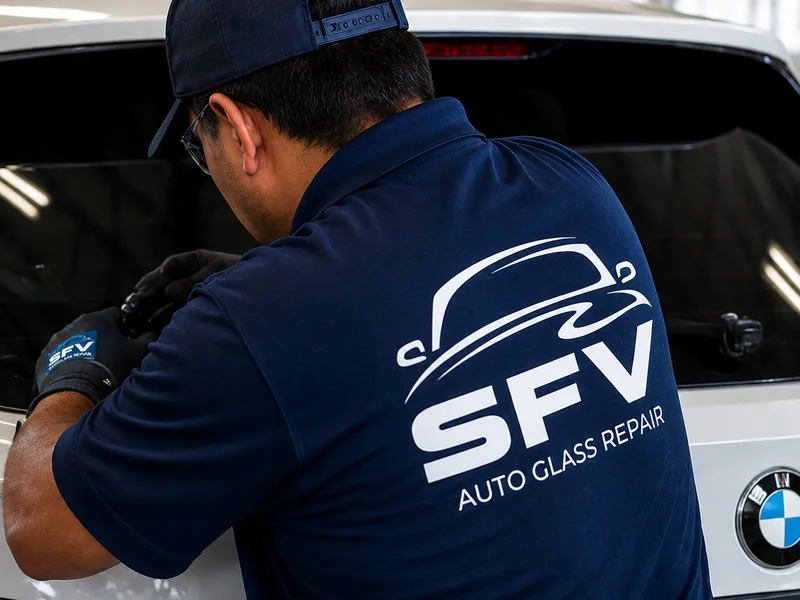Auto Glass of OC technician working on the back glass of a BMW