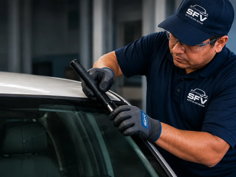 Auto Glass of OC technician installing a windshield trim molding
