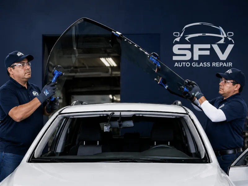 Two Auto Glass of OC technicians fitting a windshield onto a white SUV